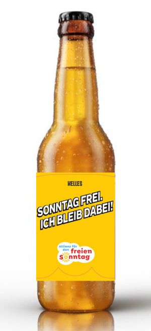 Sonntagsbier: Flasche mit gelben Etikett mit dem Schriftzug Sonntag frei. Ich bleibe dabei!